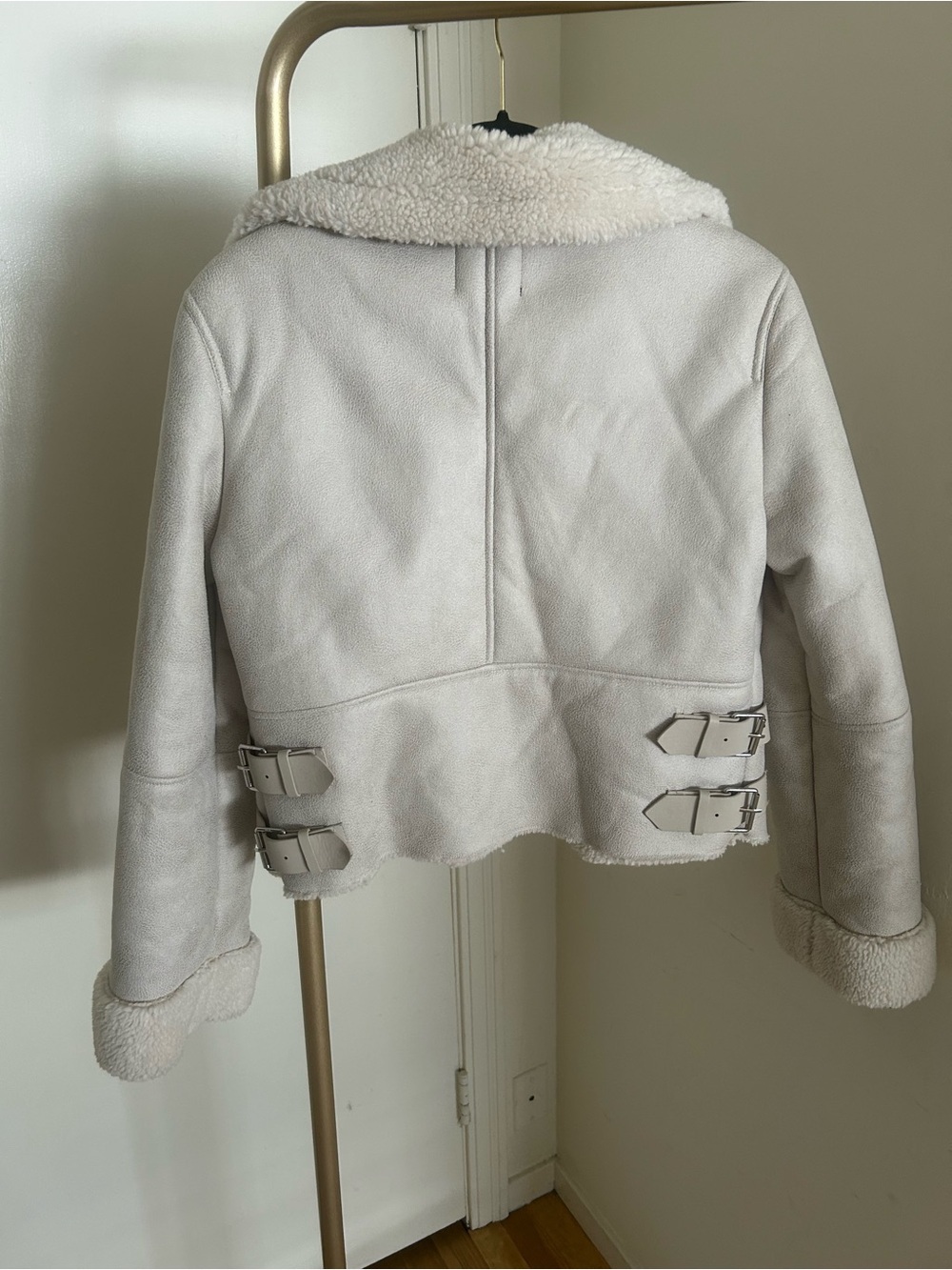 Bershka Cream Sherpa Faux Suede Moto Jacket Shearling Biker Coat Size M - Picture 8 of 10